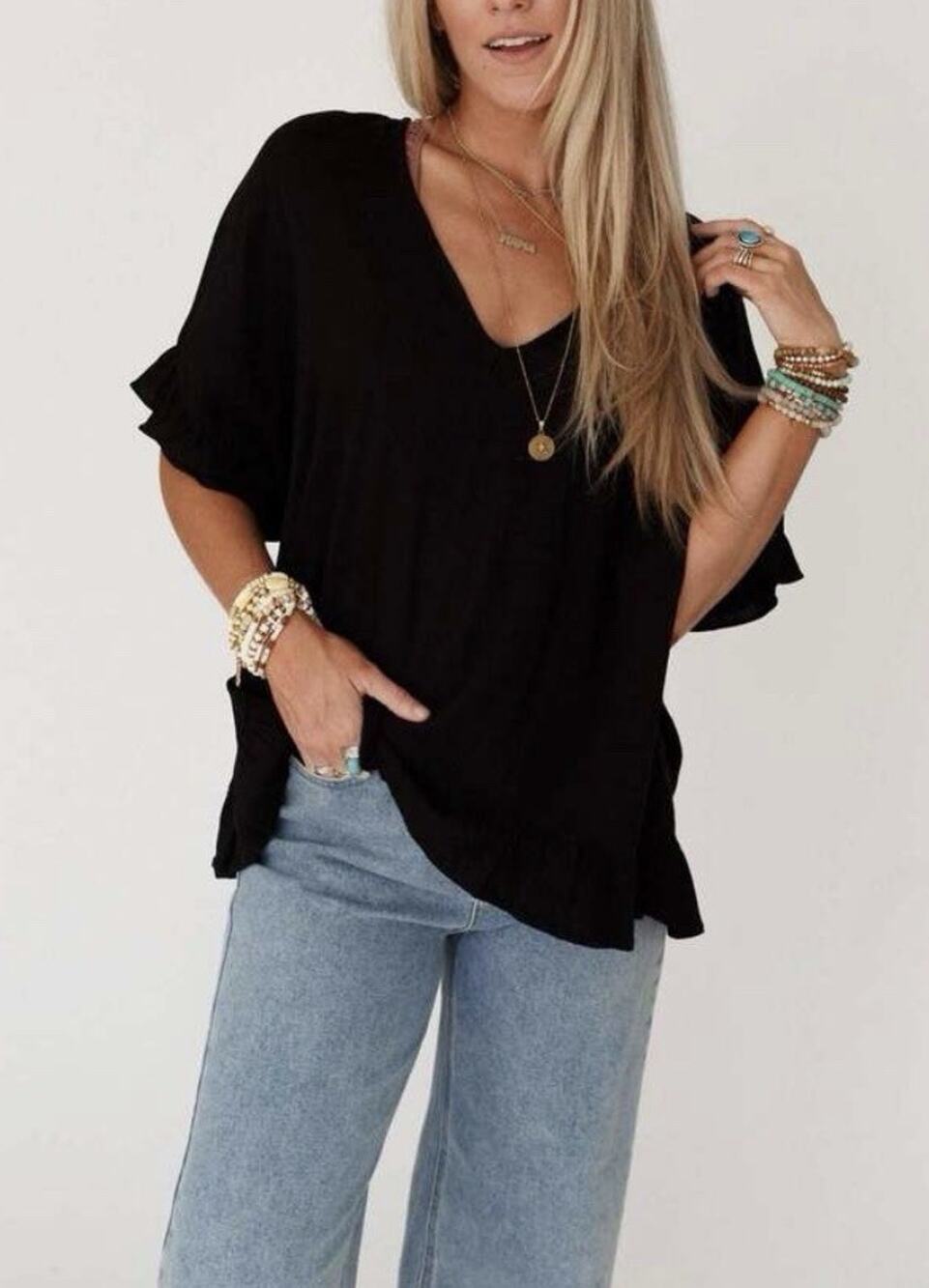 Three Bird Nest Let Me Be Ruffled Top Black Women’s Size Small NWT